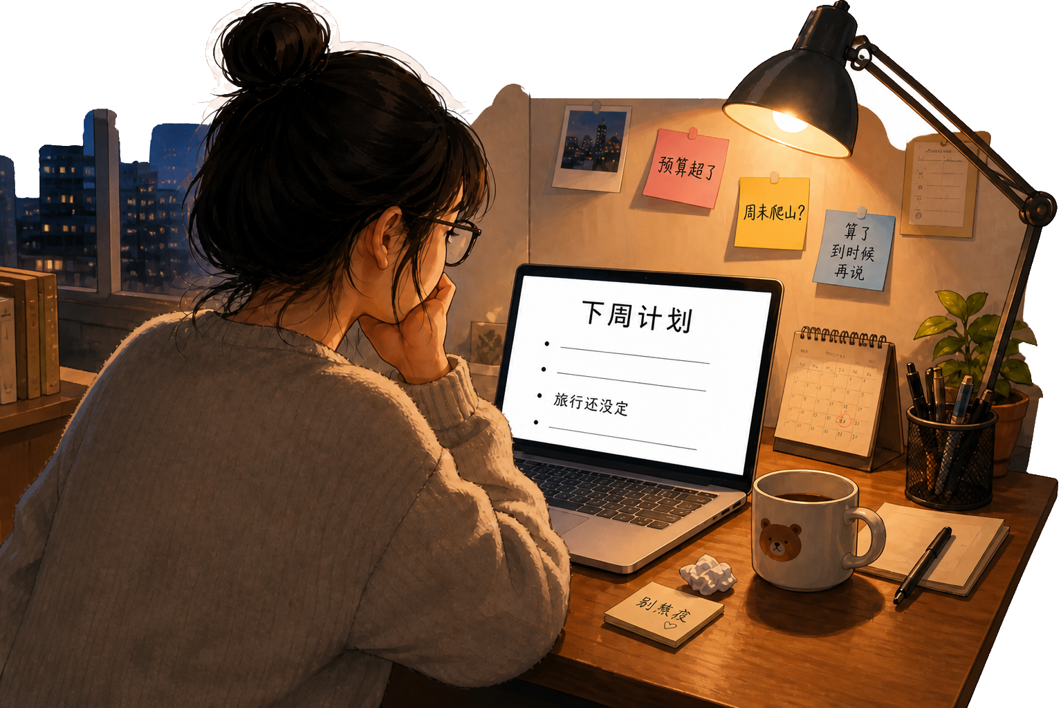 背对侧脸对着空白下周计划发呆