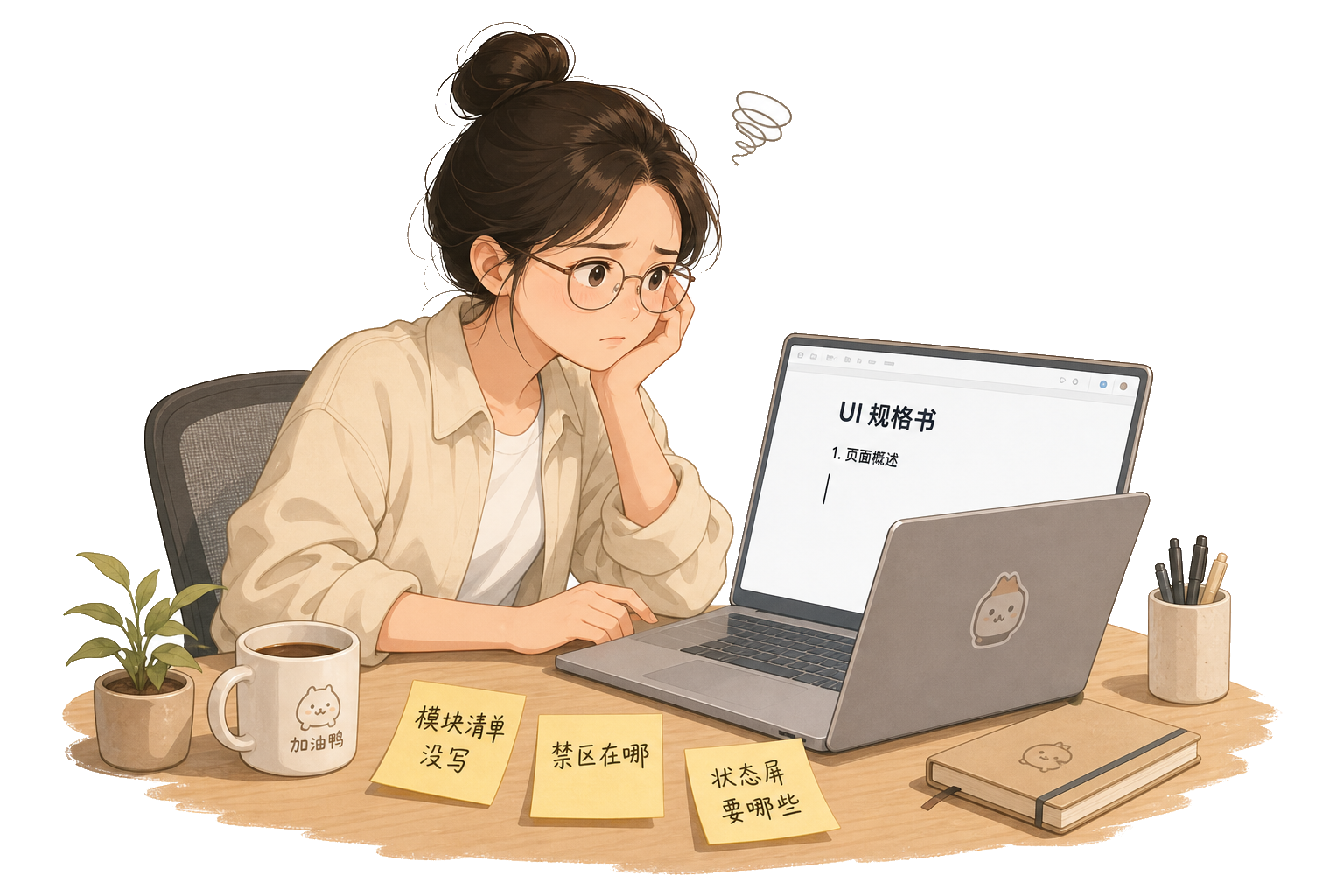 产品经理对着空白 UI 规格书发呆，便签写着模块清单没写、禁区在哪、状态屏要哪些