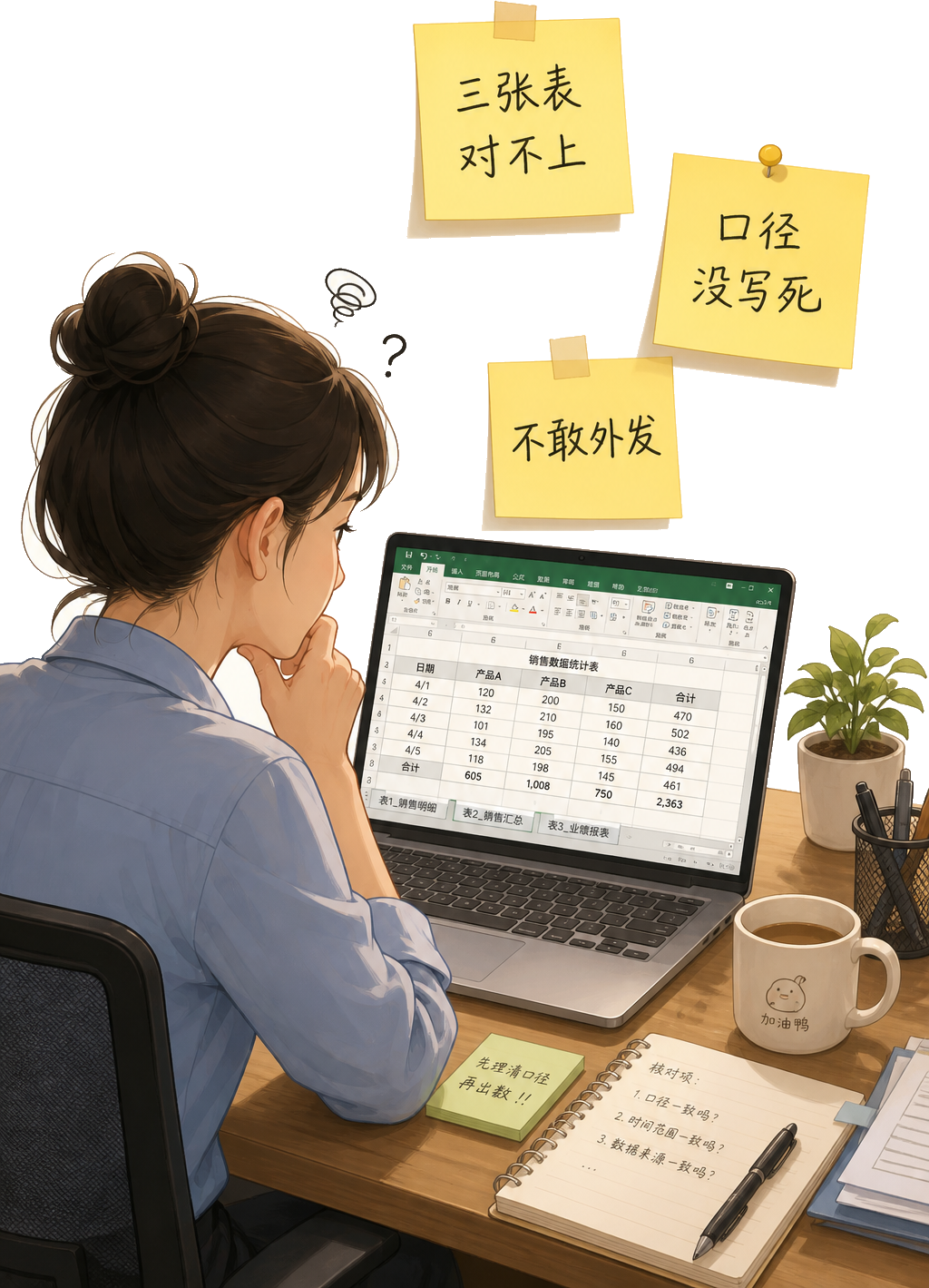 职场插画：背对侧脸对着 Excel 发呆，便签写着三张表对不上、口径没写死