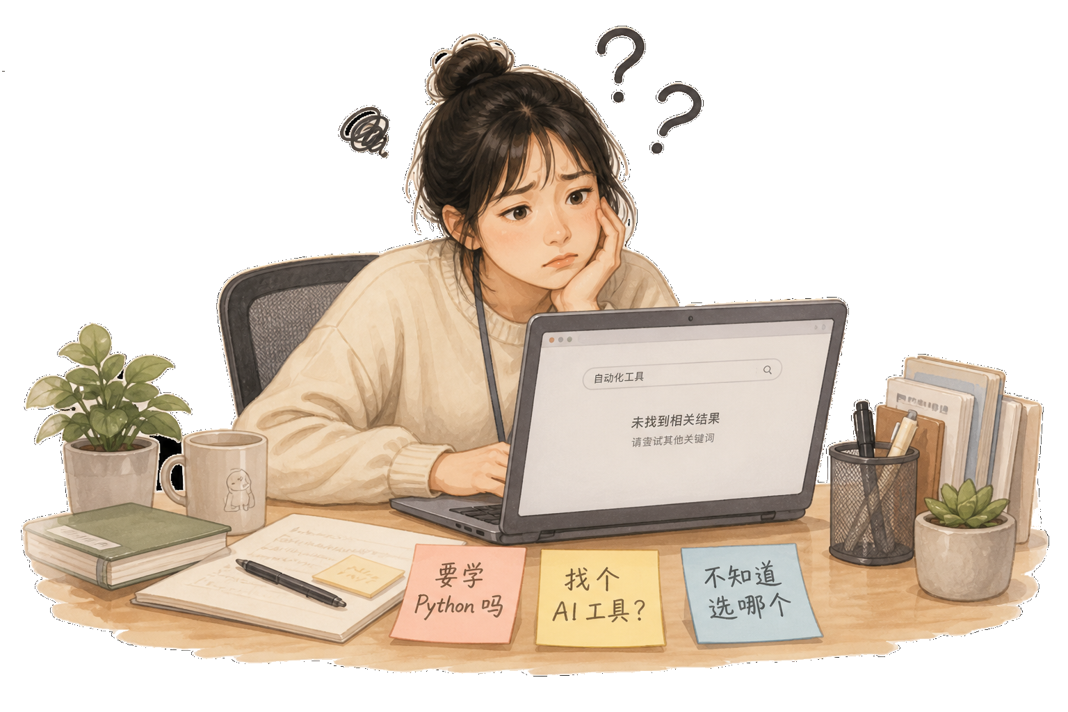 运营对着空白屏幕发呆，便签写着要学Python吗、找个AI工具、不知道选哪个