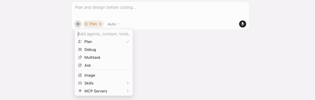 Cursor 编辑器界面，可切换 Plan / Agent 模式